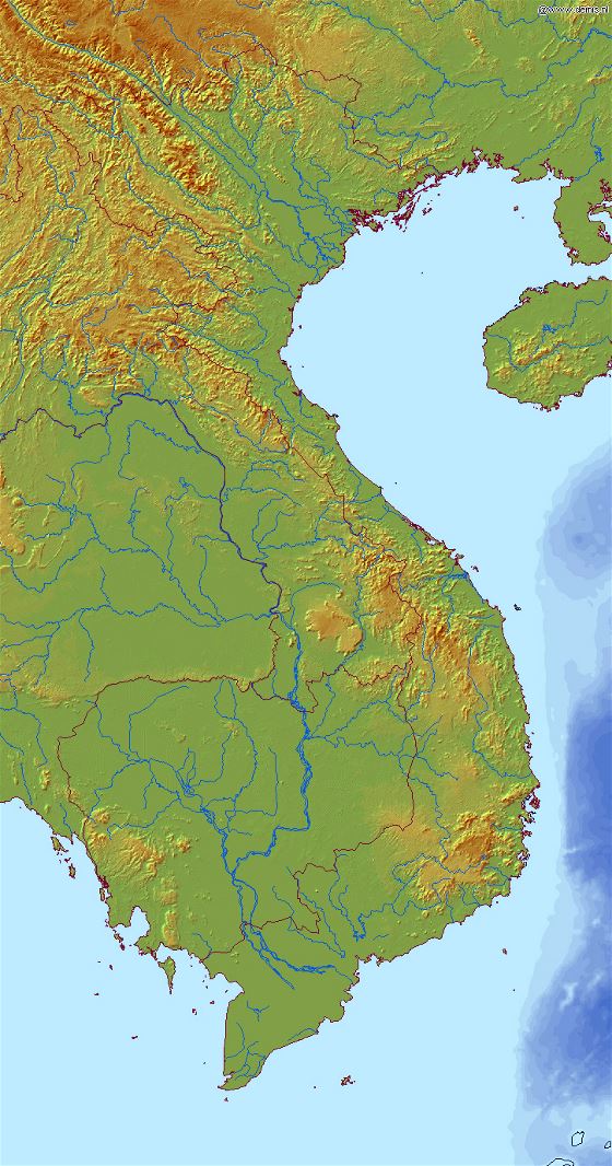 Detallado mapa en relieve de Vietnam