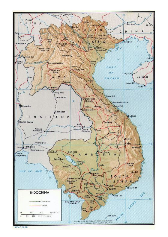 Detallado mapa político de Indochina con relieve, carreteras, ferrocarriles y principales ciudades - 1968