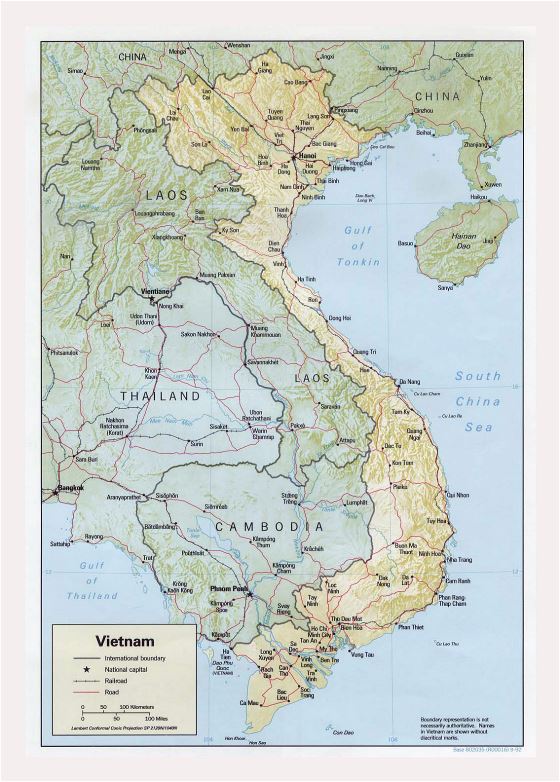Detallado mapa político de Vietnam con relieve, carreteras, ferrocarriles y principales ciudades - 1992