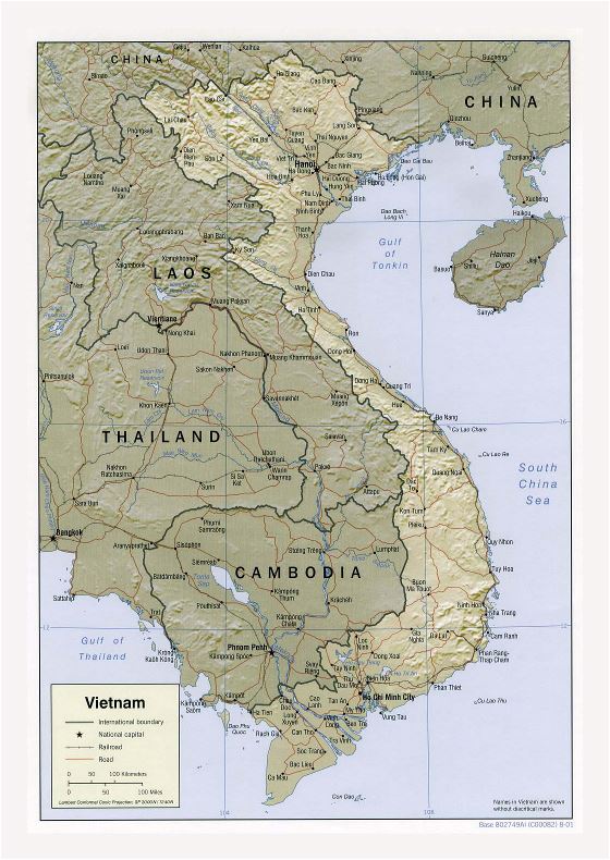 Detallado mapa político de Vietnam con relieve, carreteras, ferrocarriles y principales ciudades - 2001