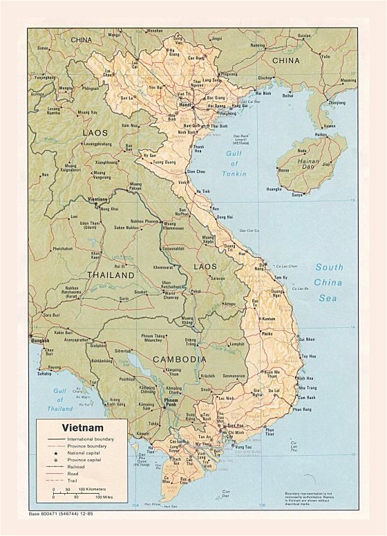 Detallado mapa político y administrativo de Vietnam con relieve, carreteras, ferrocarriles y principales ciudades - 1985