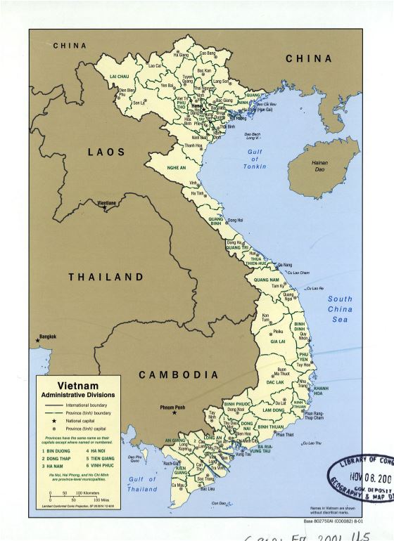 Grande detallado mapa de administrativas divisiones de Vietnam - 2001