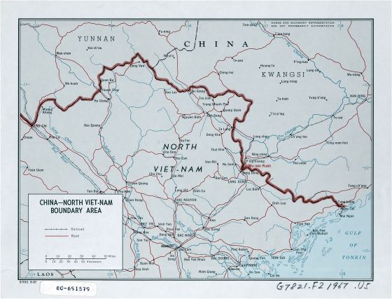 Grande detallado mapa de la zona fronteriza de China - Vietnam del Norte - 1967