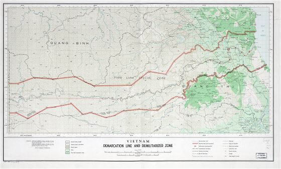 Grande detallado Vietnam mapa de línea de demarcación y zona desmilitarizada - 1966