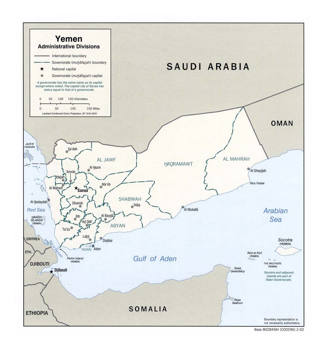 Detallado mapa de administrativas divisiones de Yemen - 2002