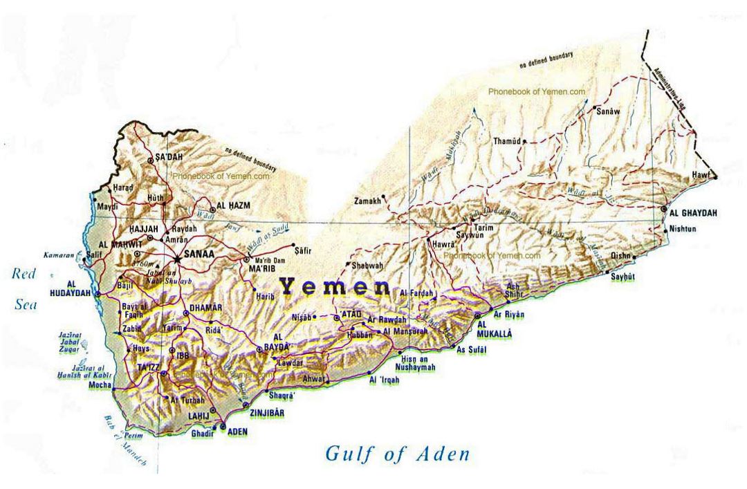 Detallado mapa en relieve de Yemén