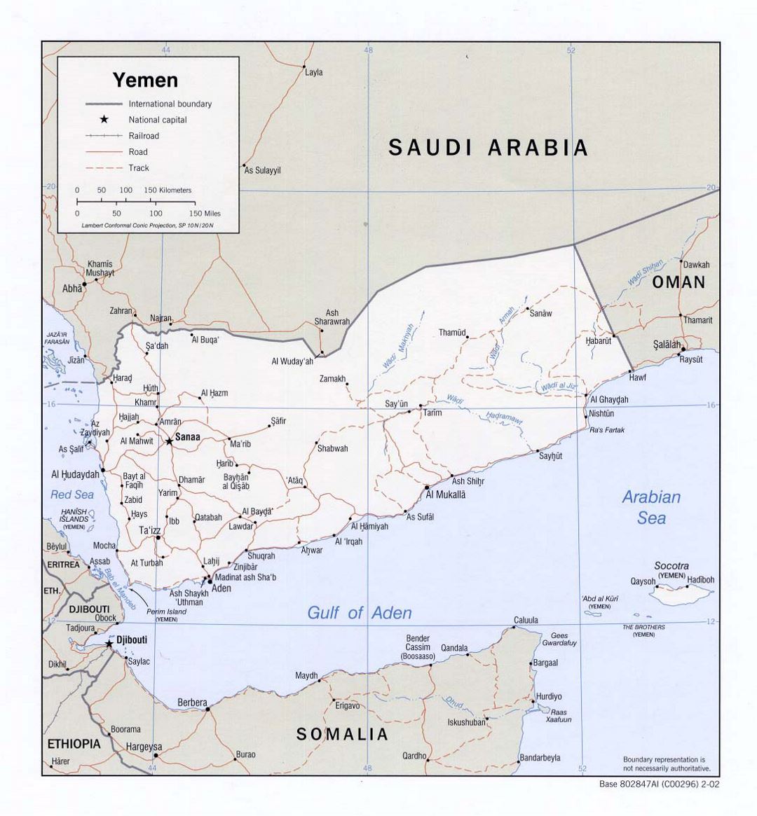 Detallado mapa político de Yemen con carreteras, ferrocarriles y principales ciudades - 2002