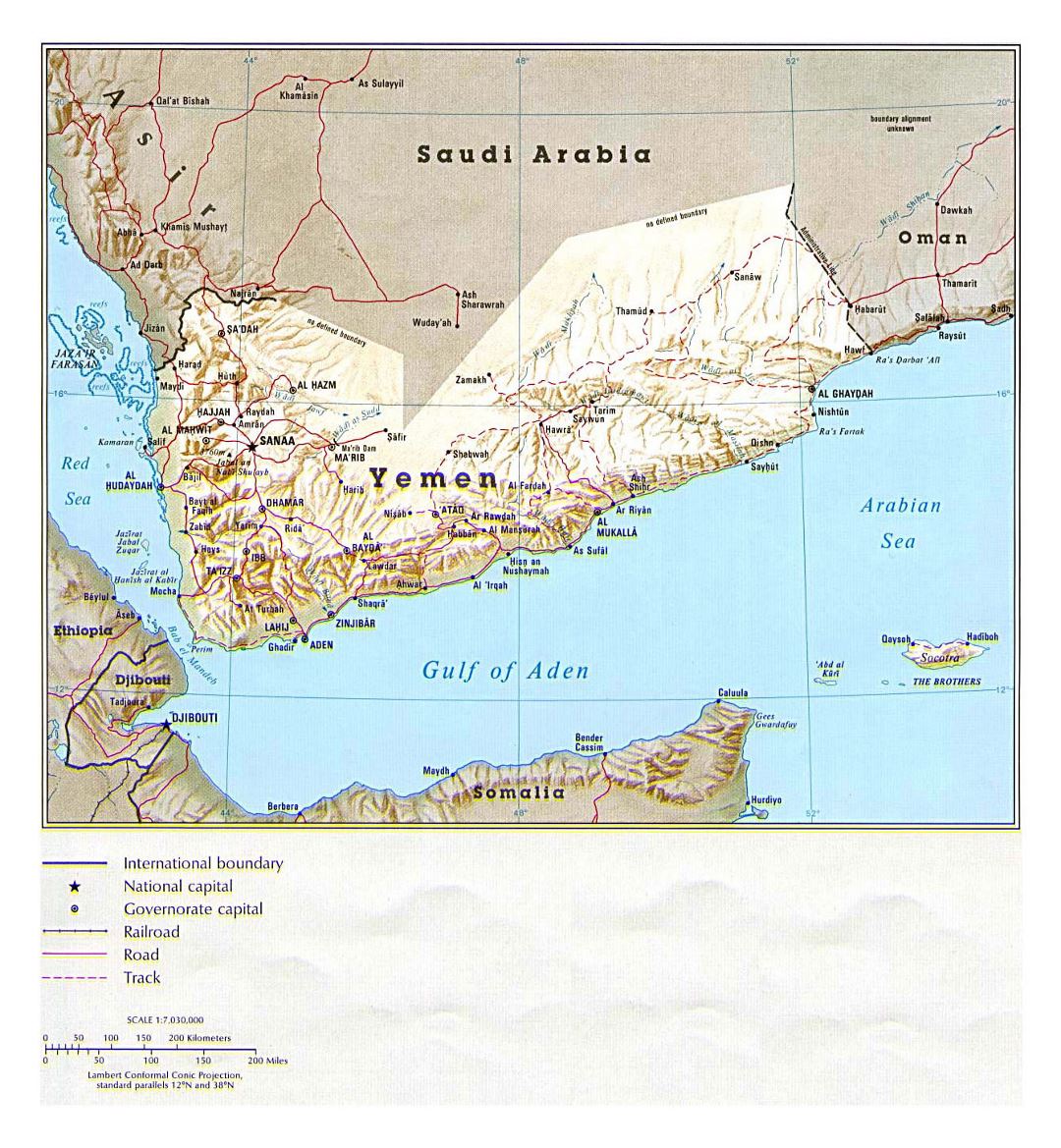Detallado mapa político de Yemen con relieve, carreteras, ferrocarriles y principales ciudades - 1993