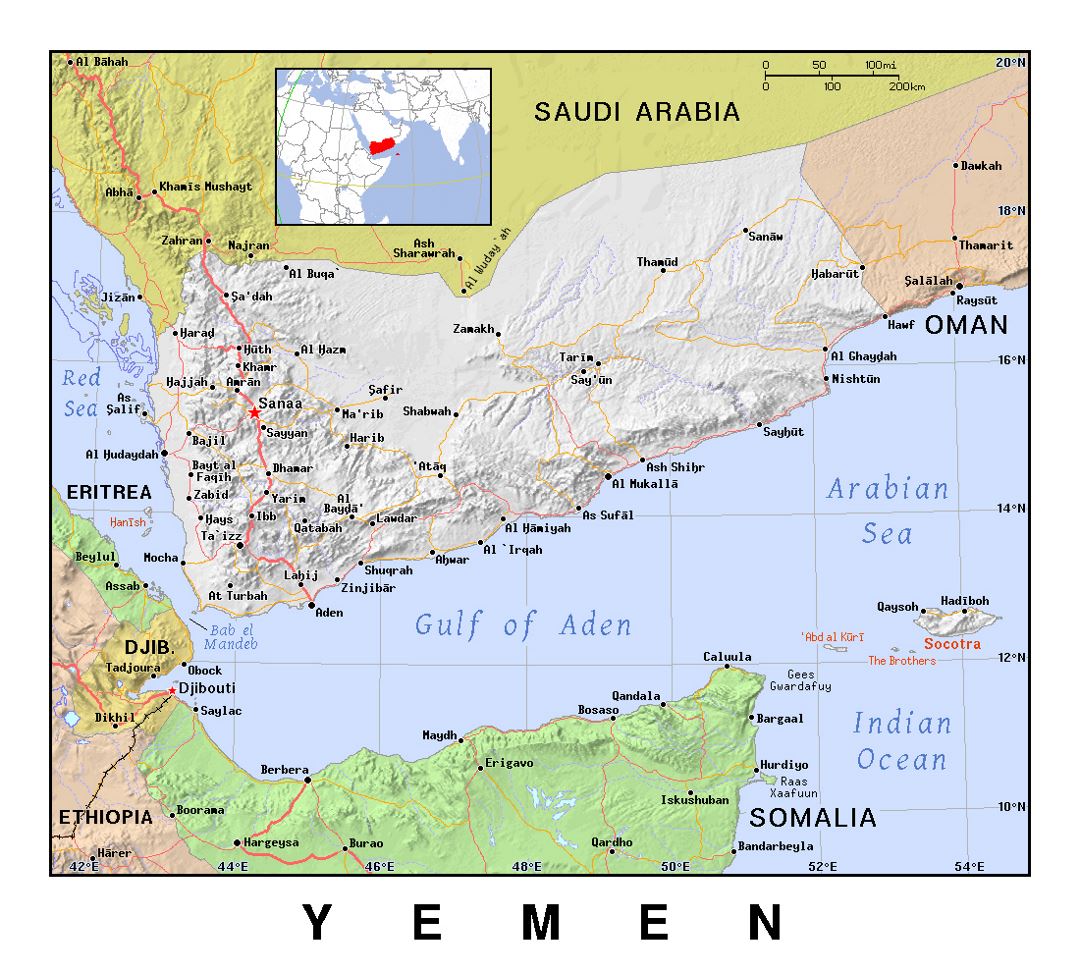 Detallado mapa político de Yemen con relieve