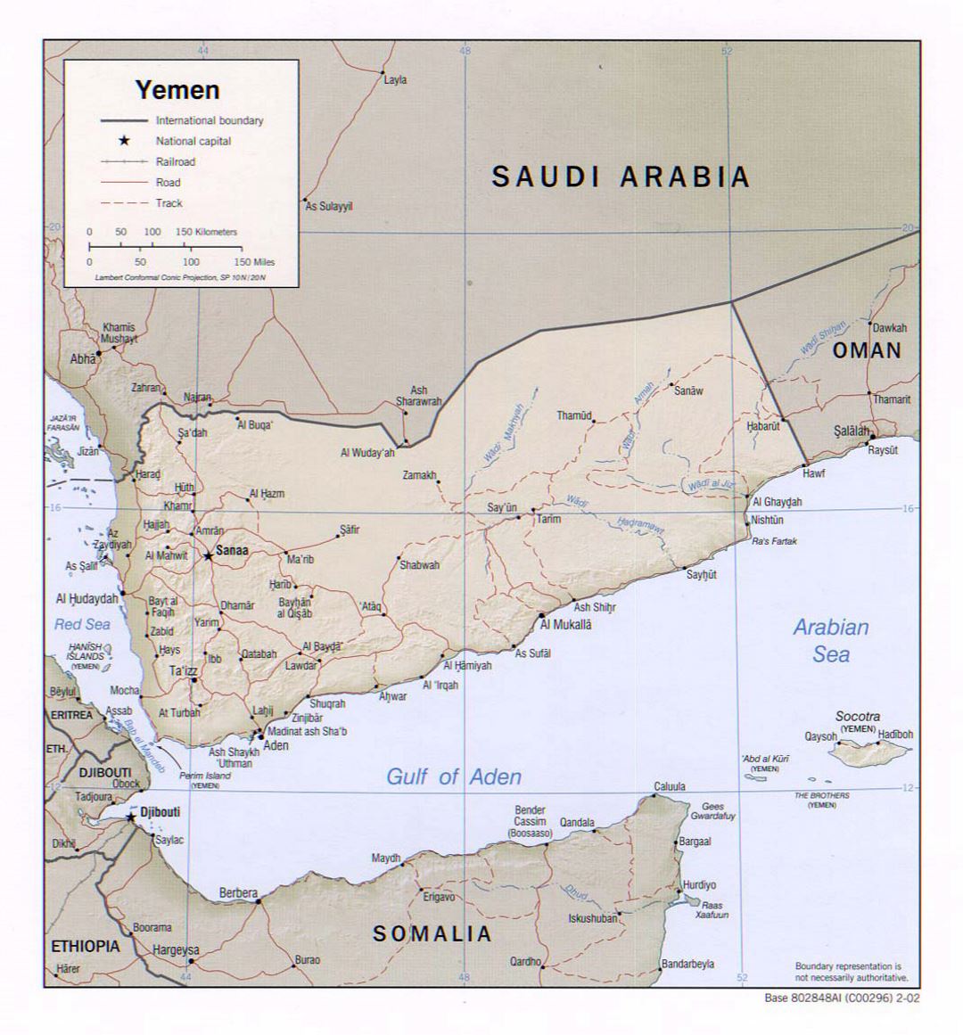 Detallado mapa político de Yemen con socorro, carreteras, ferrocarriles y principales ciudades - 2002