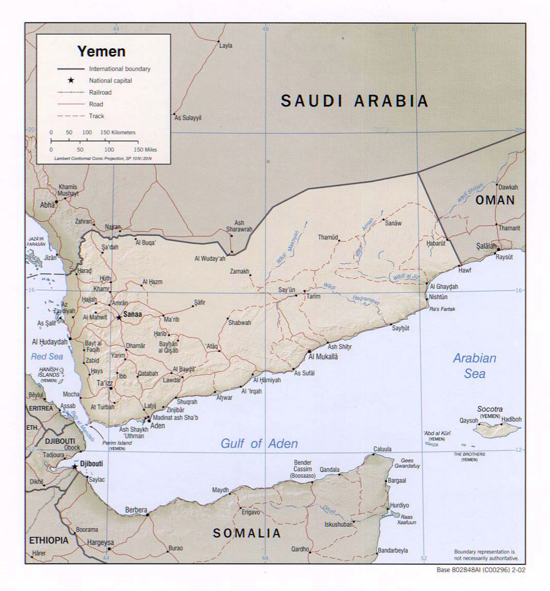 Detallado mapa político de Yemen con socorro, carreteras, ferrocarriles y principales ciudades - 2002