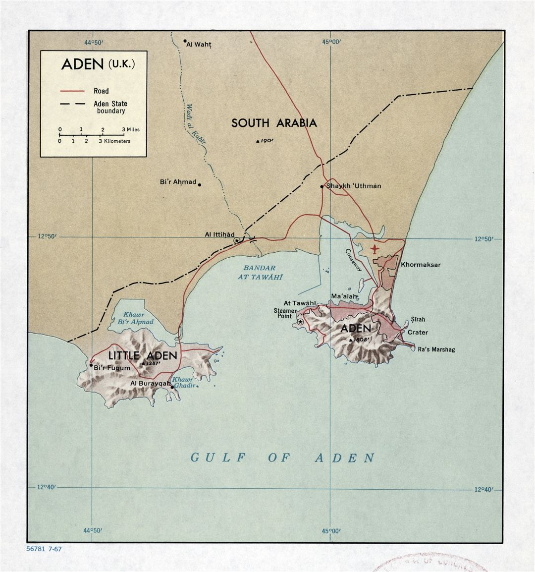 Grande detallado mapa de Adén (Reino Unido) con relieve y carreteras - 1967