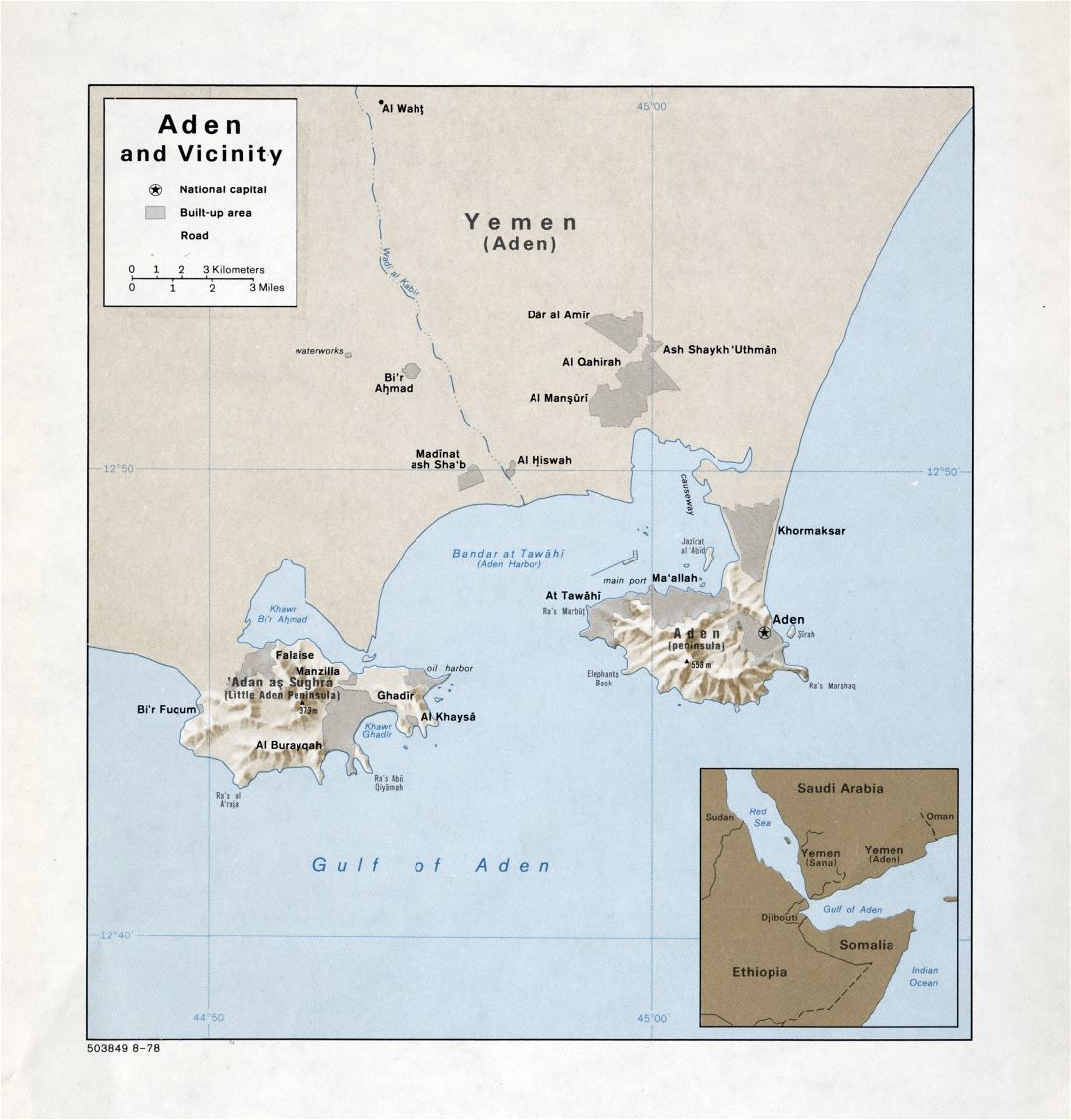 Grande detallado mapa de Adén y alrededores con relieve - 1978
