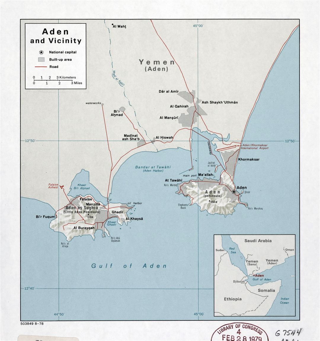 Grande detallado mapa de Adén y alrededores con relieve y carreteras - 1978