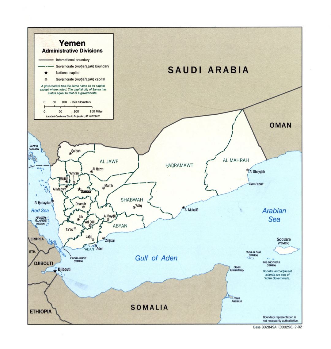 Grande detallado mapa de administrativas divisiones de Yemen - 2002