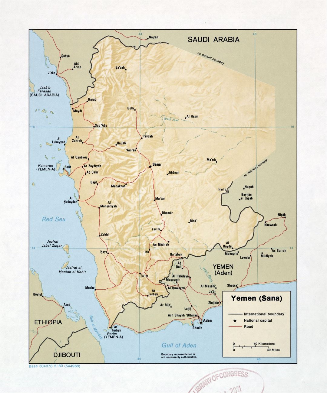 Grande detallado mapa de Yemen (Sana) con relieve, carreteras y ciudades - 1980