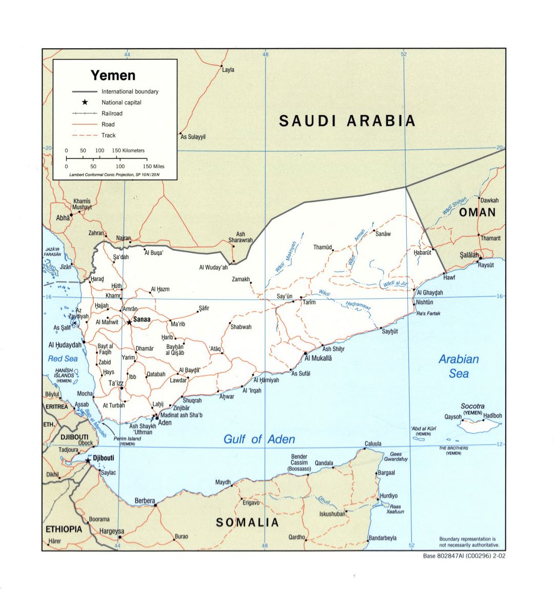 Grande detallado mapa político de Yemen con carreteras, ferrocarriles y principales ciudades - 2002