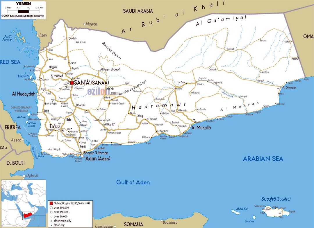 Grande mapa de carreteras de Yemen con ciudades y aeropuertos
