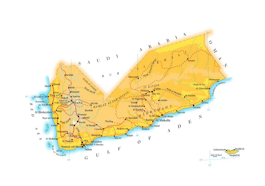 Grande mapa de elevación de Yemen con carreteras, ciudades y aeropuertos