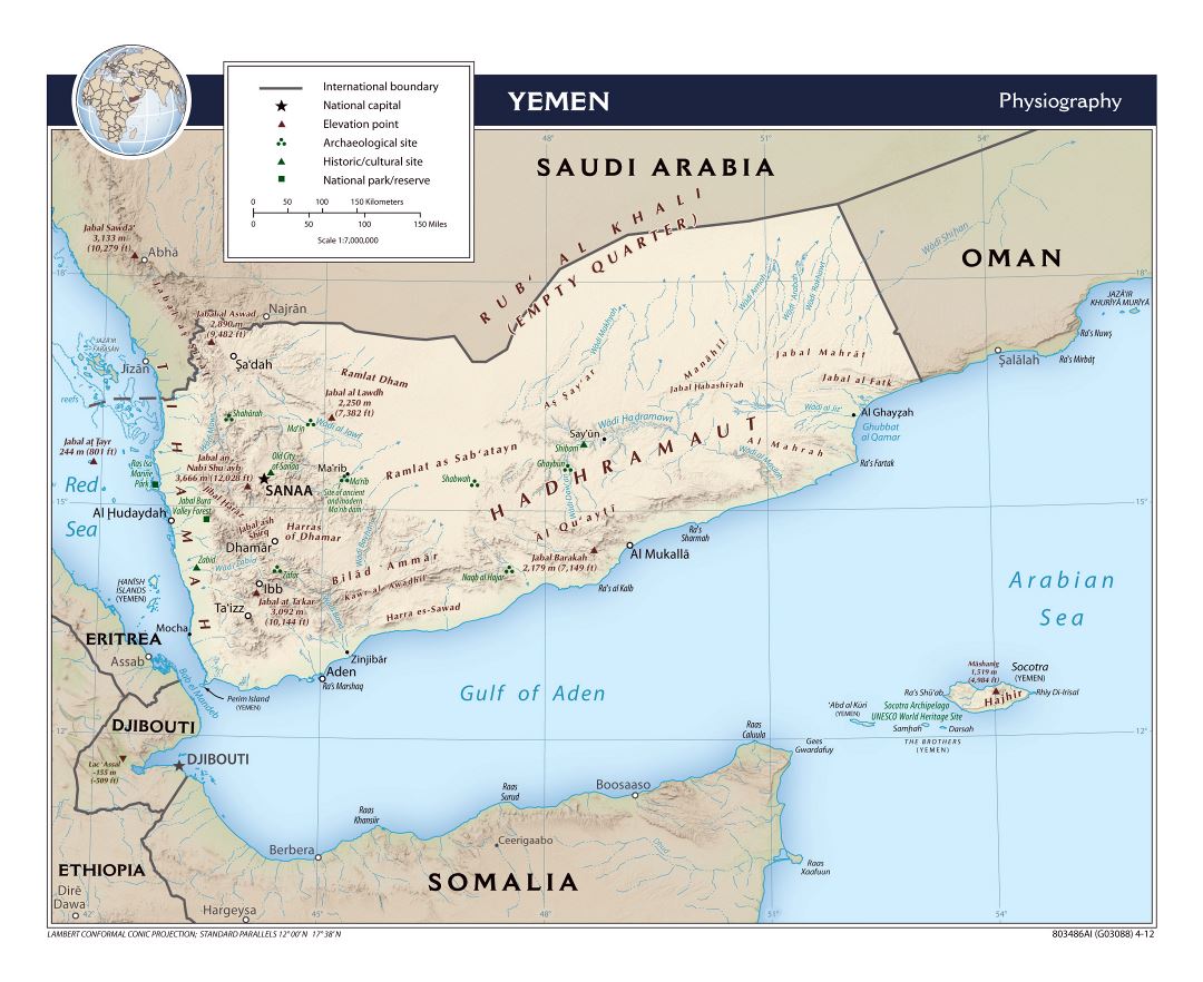 Grande mapa fisiográfico de Yemen - 2012