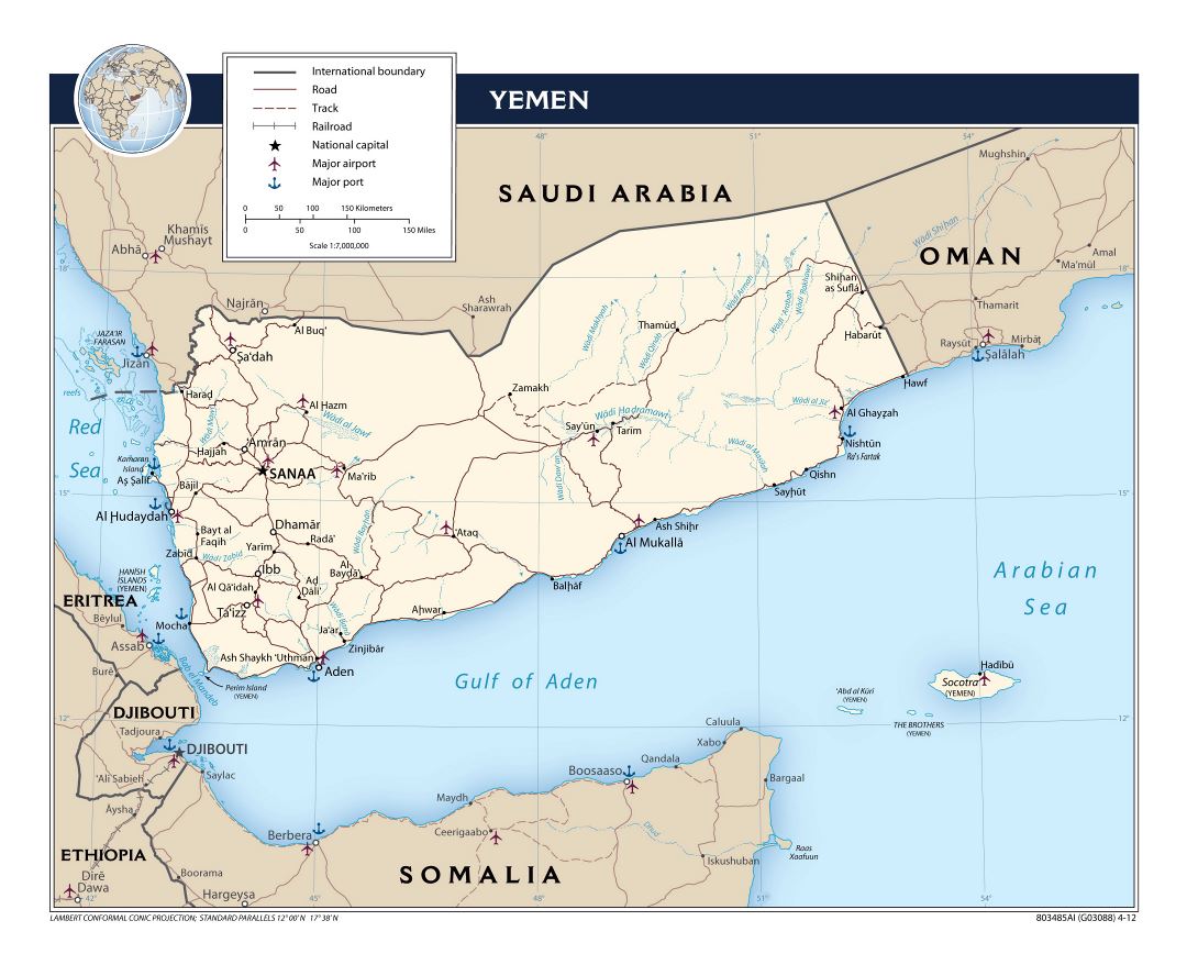 Grande mapa político de Yemen con carreteras, ferrocarriles, principales ciudades, puertos y aeropuertos - 2012