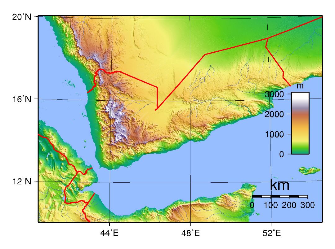 Grande mapa topográfico de Yemen