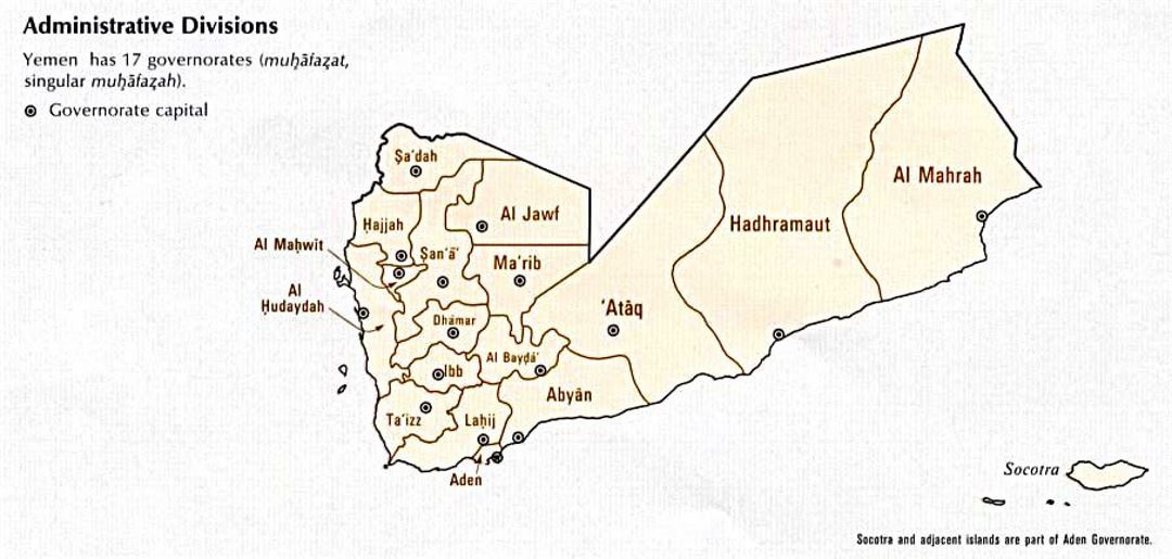 Mapa de administrativas divisiones de Yemen - 1993