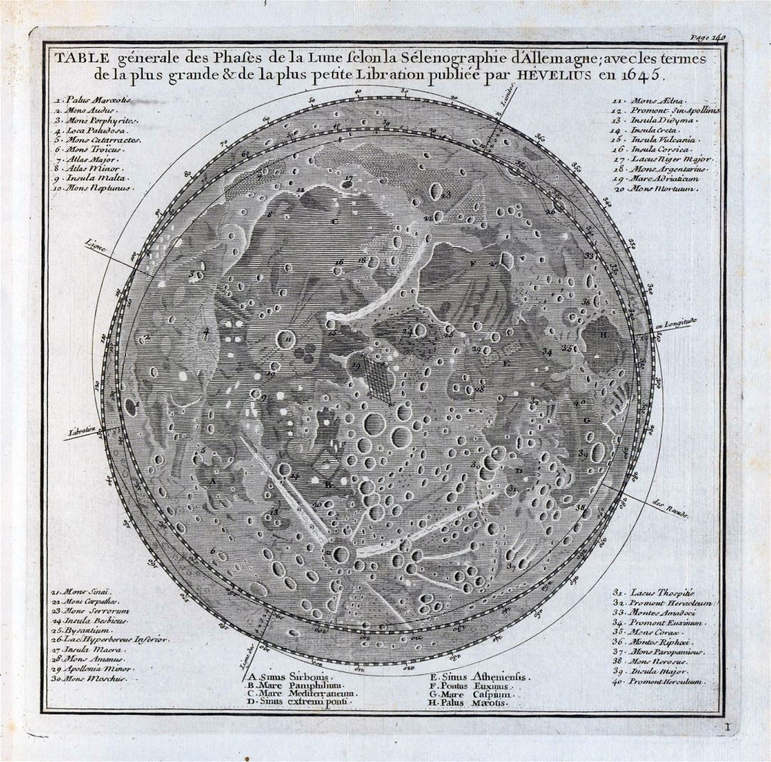 Gran escala detallada viejo mapa de la Luna - 1647