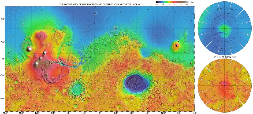 A gran escala (contrataciones) mapa topográfico detallado de Marte