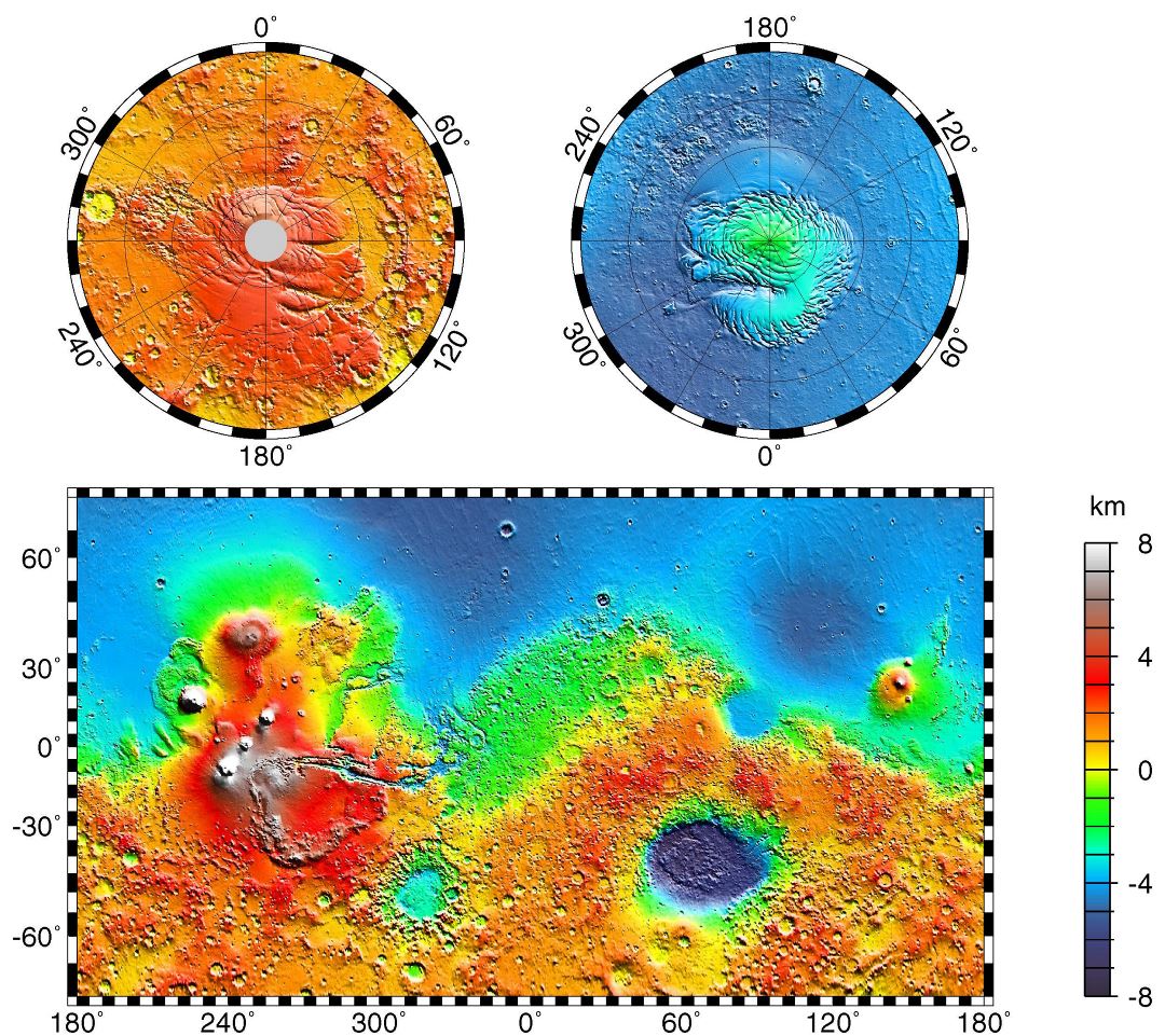 Amplio mapa topográfico detallado de Marte