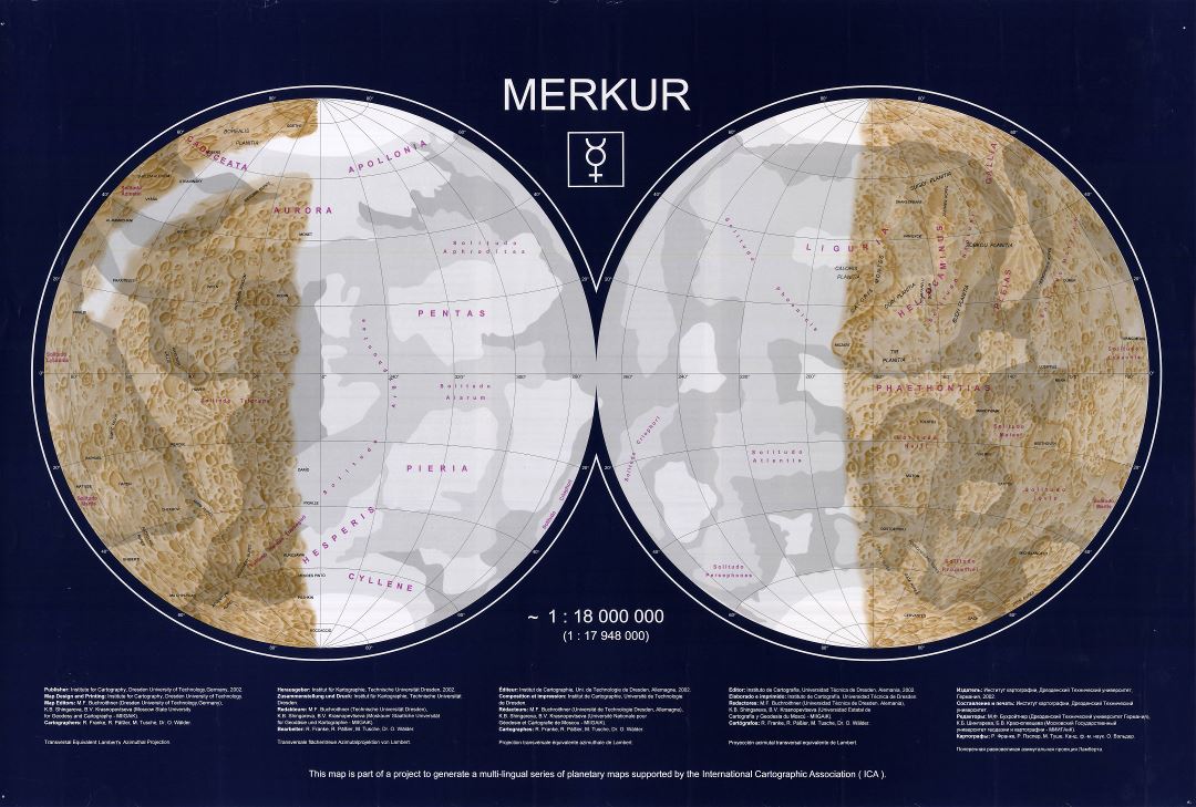 Amplio mapa topográfico detallado de Mercurio - 2002