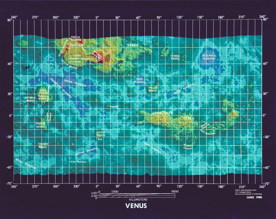 Amplio mapa topográfico detallado de Venus - 1980