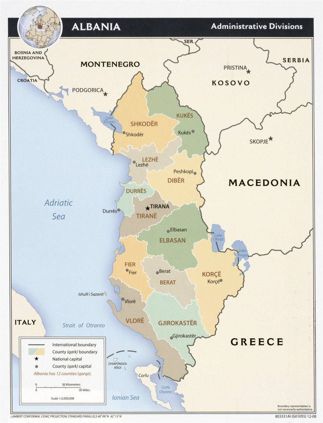 Gran detalle divisiones administrativas Mapa de Albania - 2008