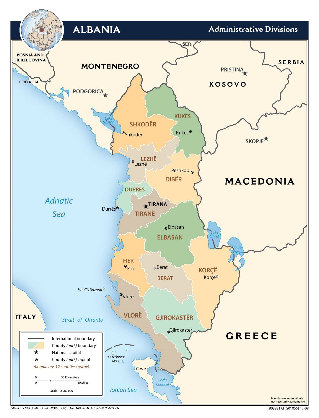 Gran escala divisiones administrativas Mapa de Albania - 2008