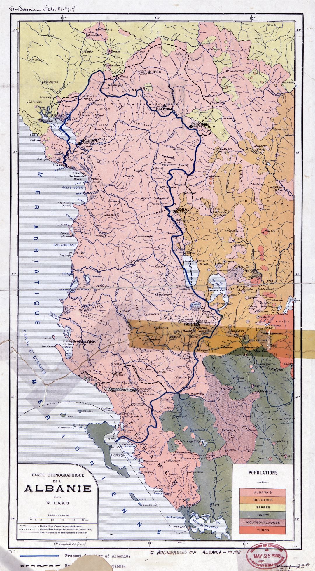 Gran escala viejo mapa etnográfico de Albania - 1918