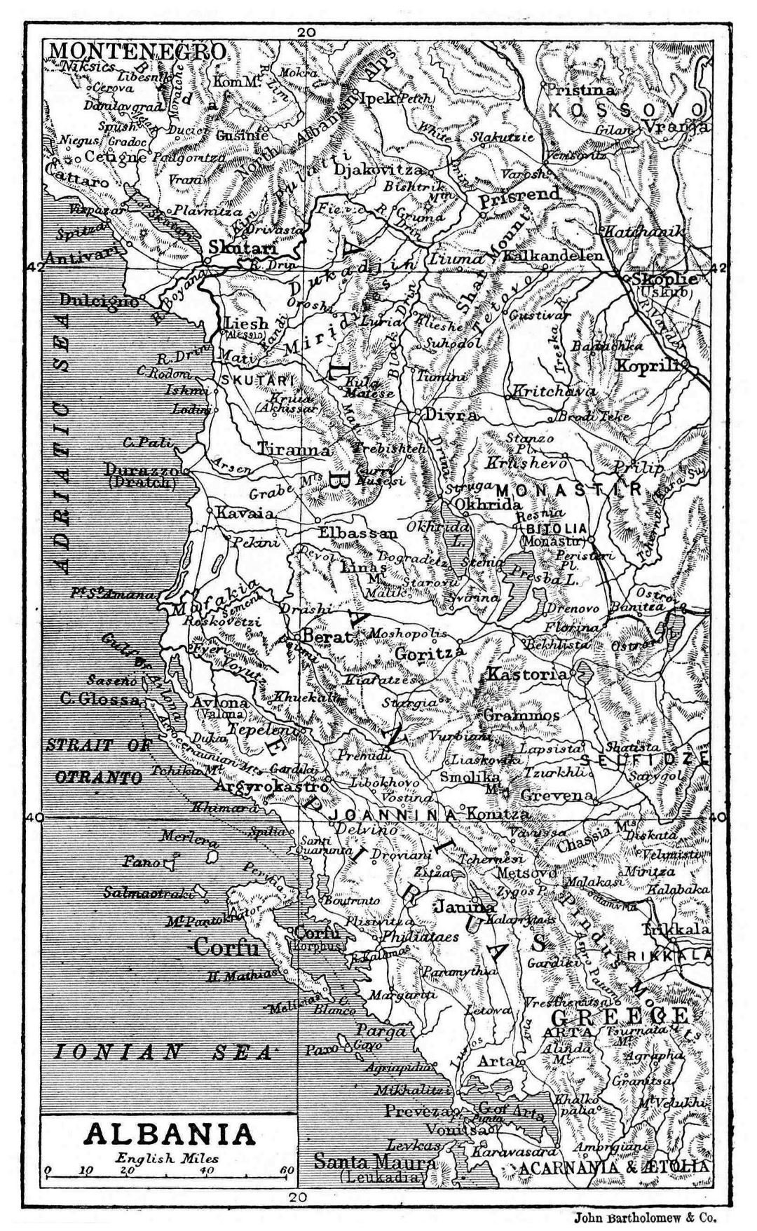 Mapa grande antigua detallada de Albania con alivio - 1906