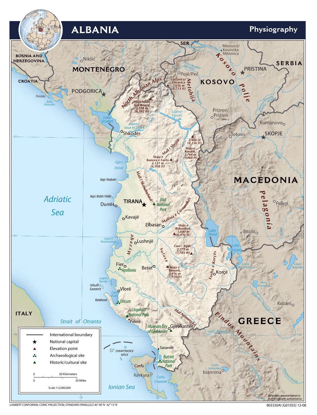 Mapa grande escala fisiografía de Albania - 2008