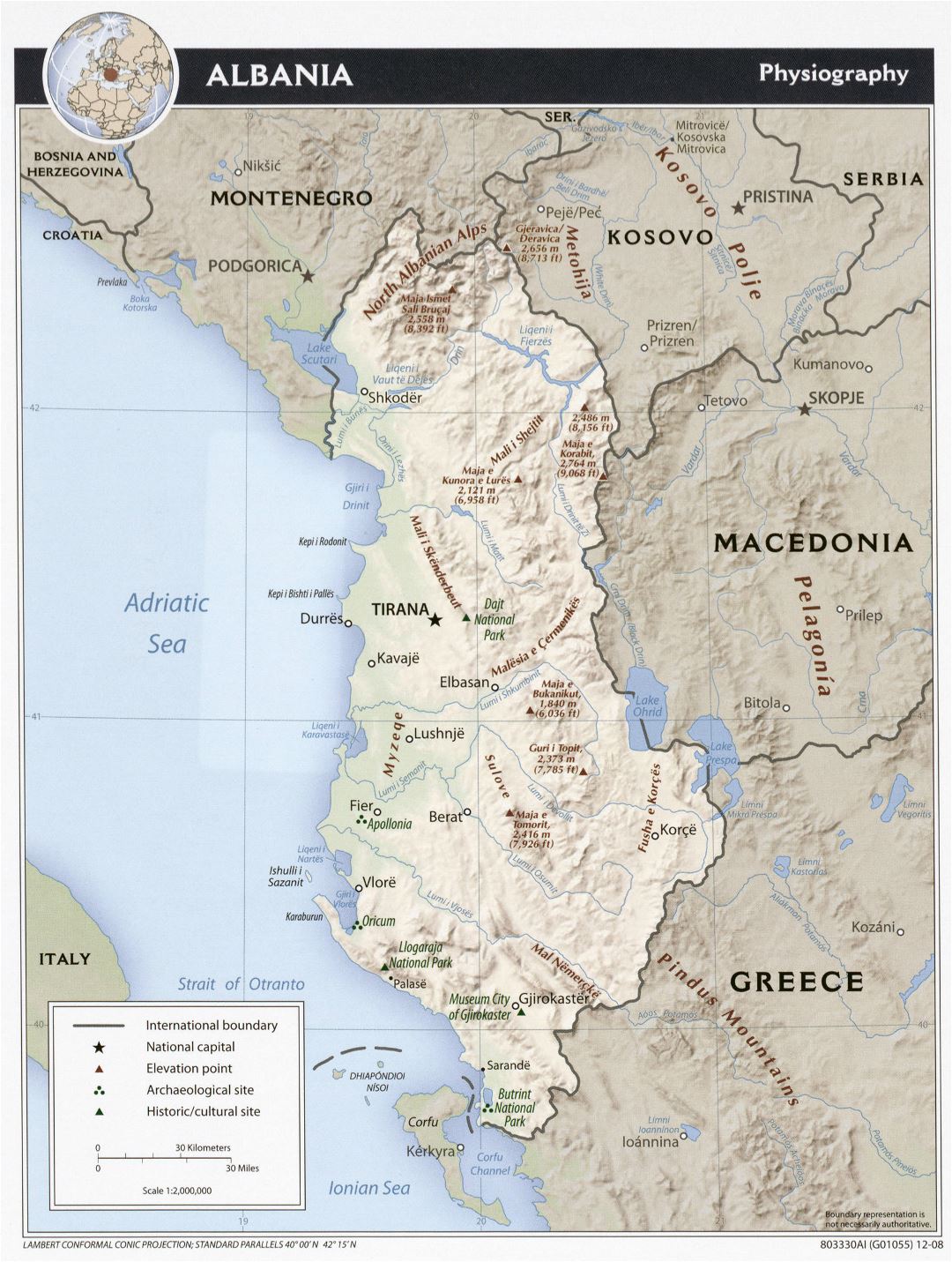 Mapa grande fisiografía detallada de Albania - 2008