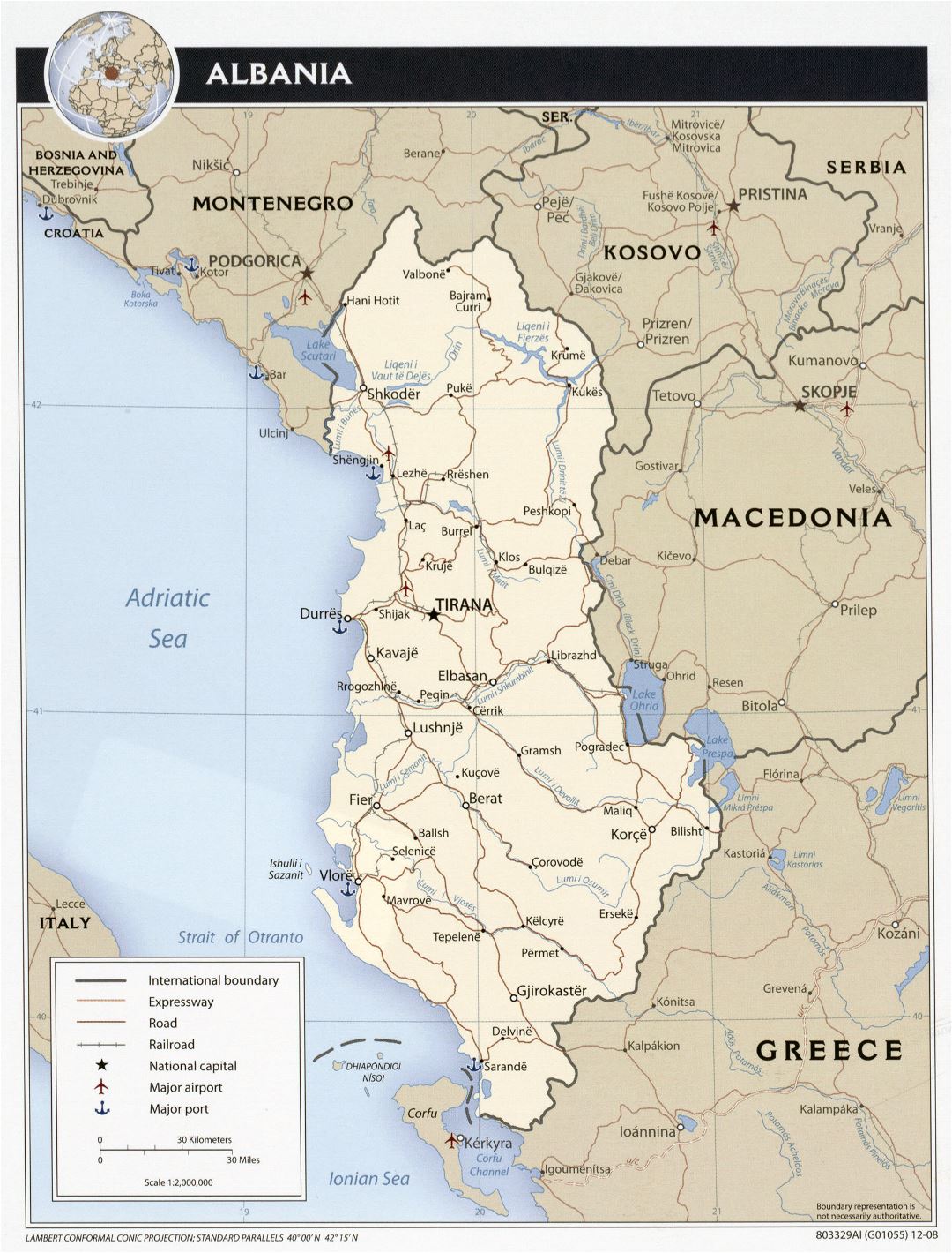 Mapa grande política detallada de Albania con carreteras, ciudades y aeropuertos - 2008