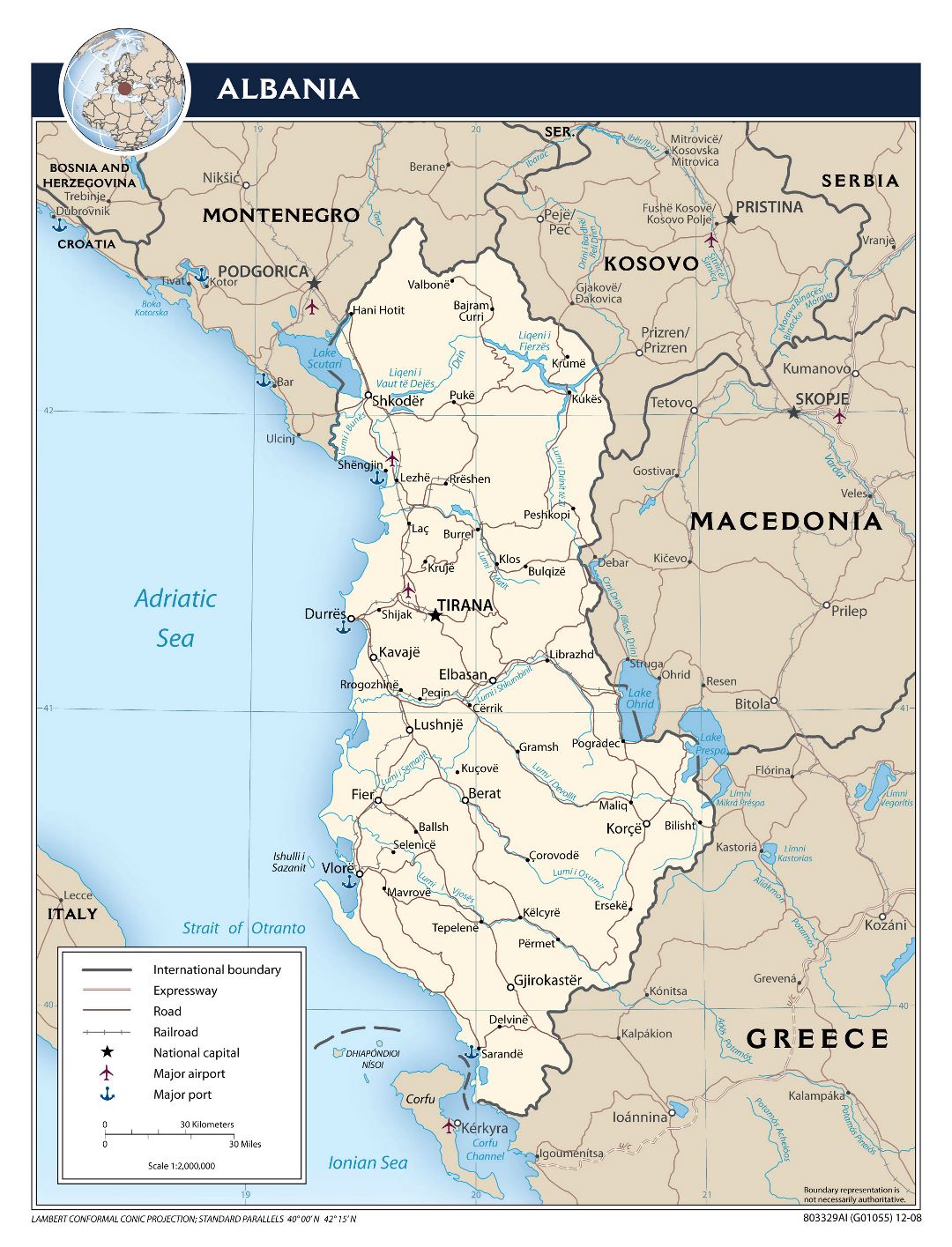 Mapa político a gran escala de Albania con carreteras, ciudades y aeropuertos - 2008