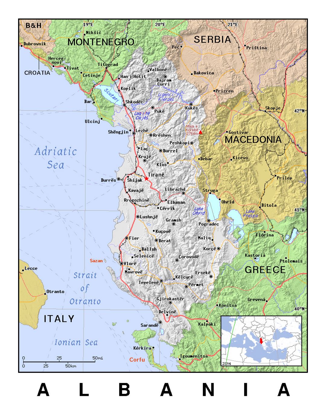 Mapa político detallada de Albania con alivio