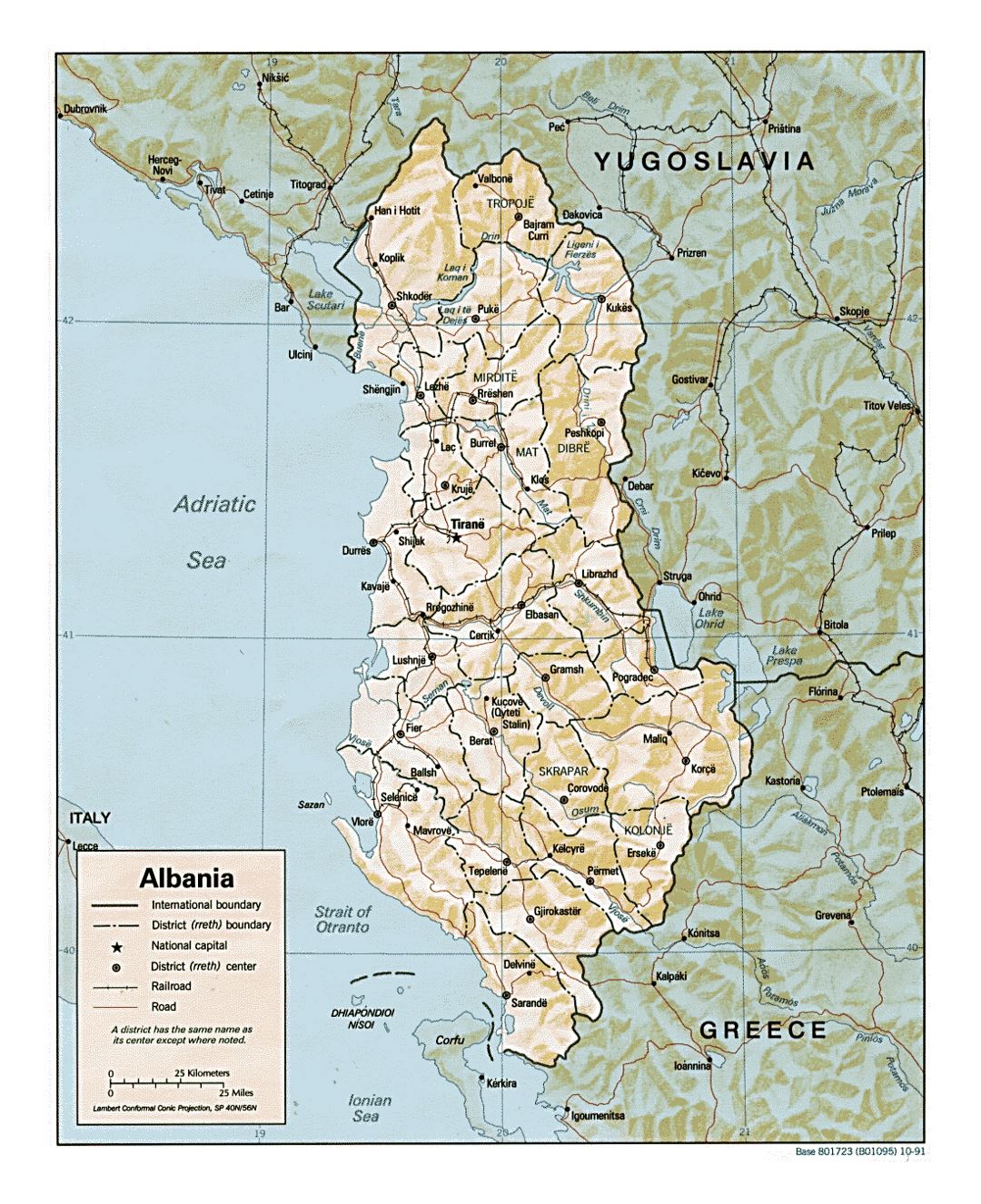 Mapa político y administrativo detallado de Albania con alivio, caminos y ciudades - 1991