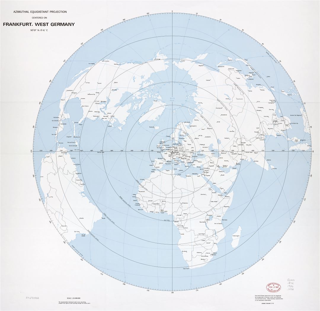 A gran escala detalle azimutal equidistante proyección cartográfica - centrada en Frankfurt, Alemania Occidental - 1986