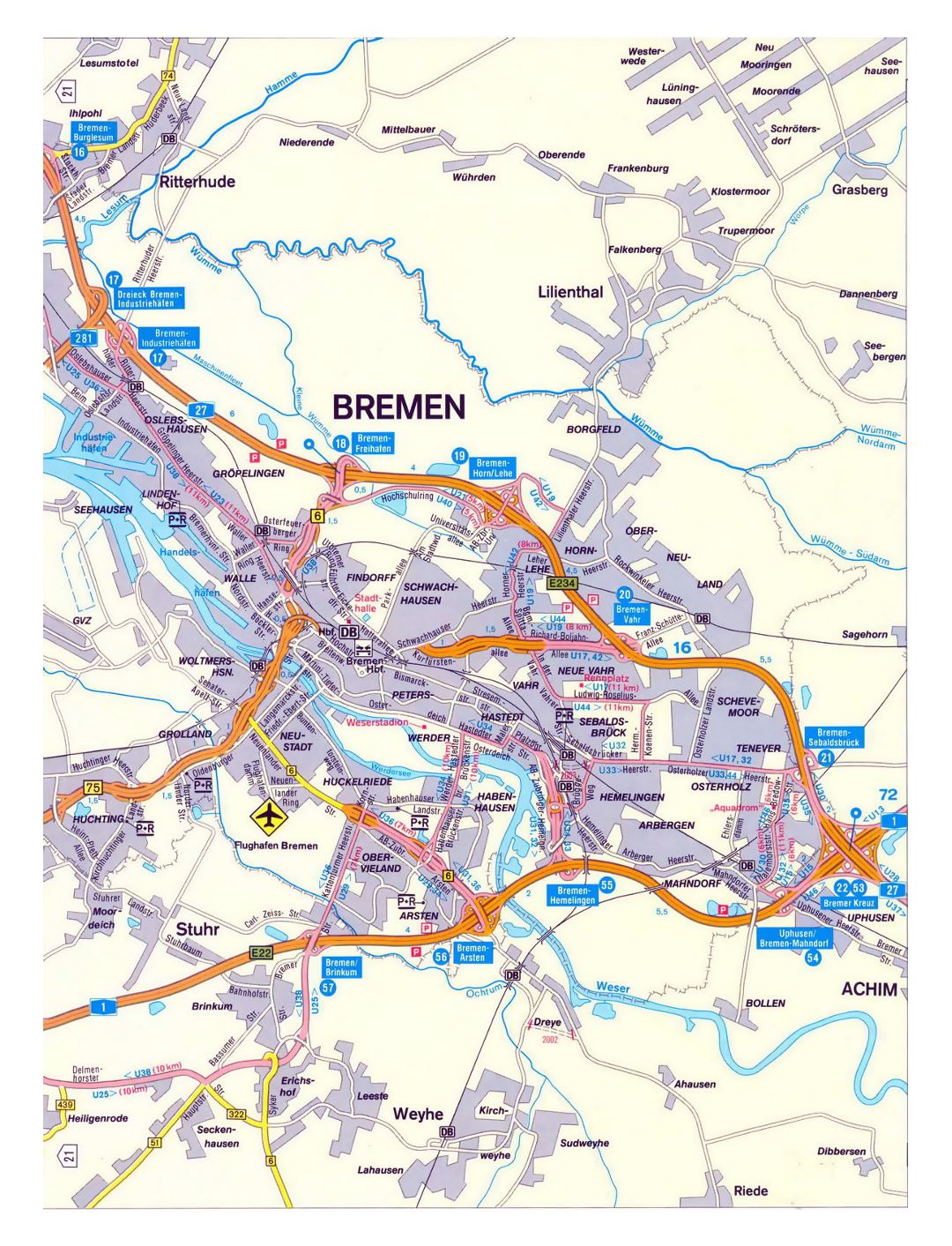 Gran hoja de ruta detallada de la ciudad de Bremen con otras marcas
