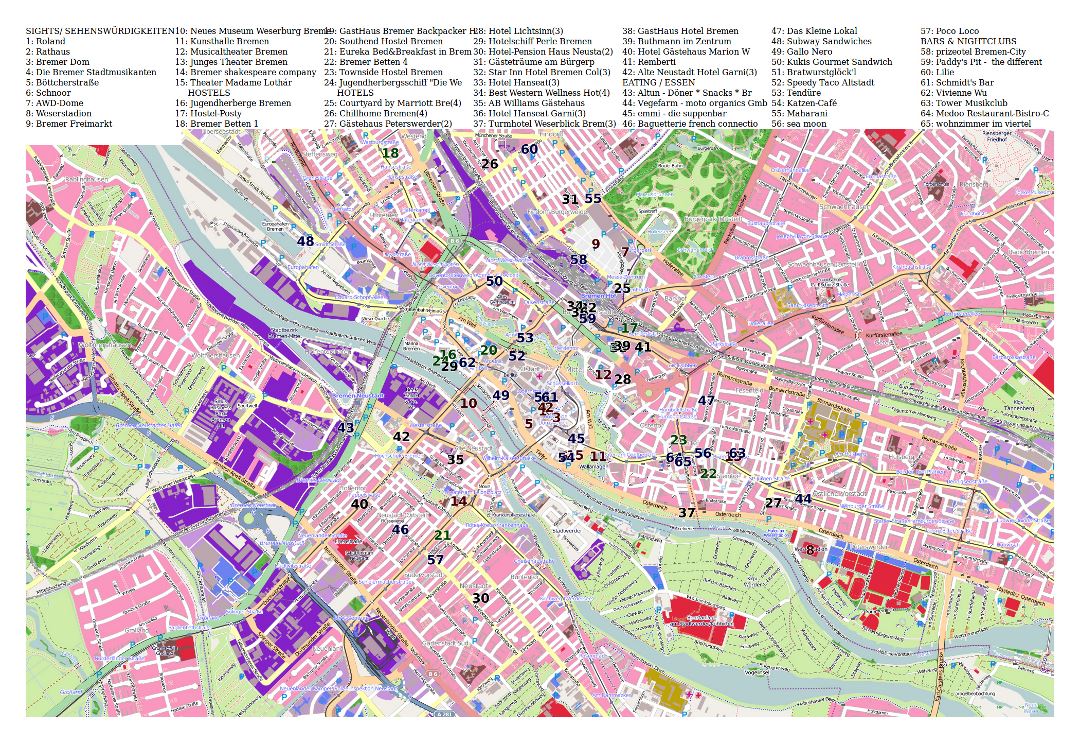 Mapa grande turística detallada de la ciudad de Bremen parte central