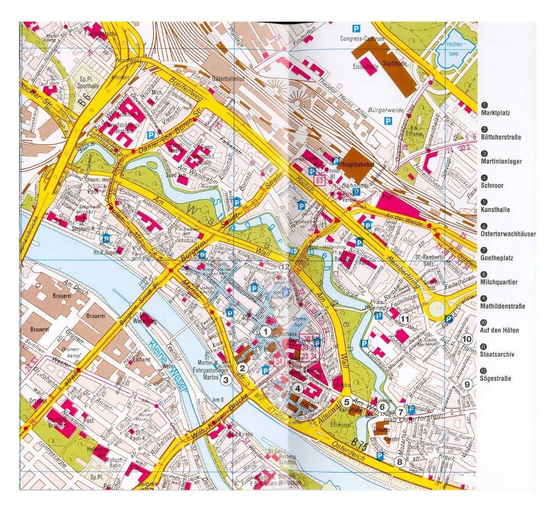 Mapa grande turística detallada de la parte central de la ciudad de Bremen