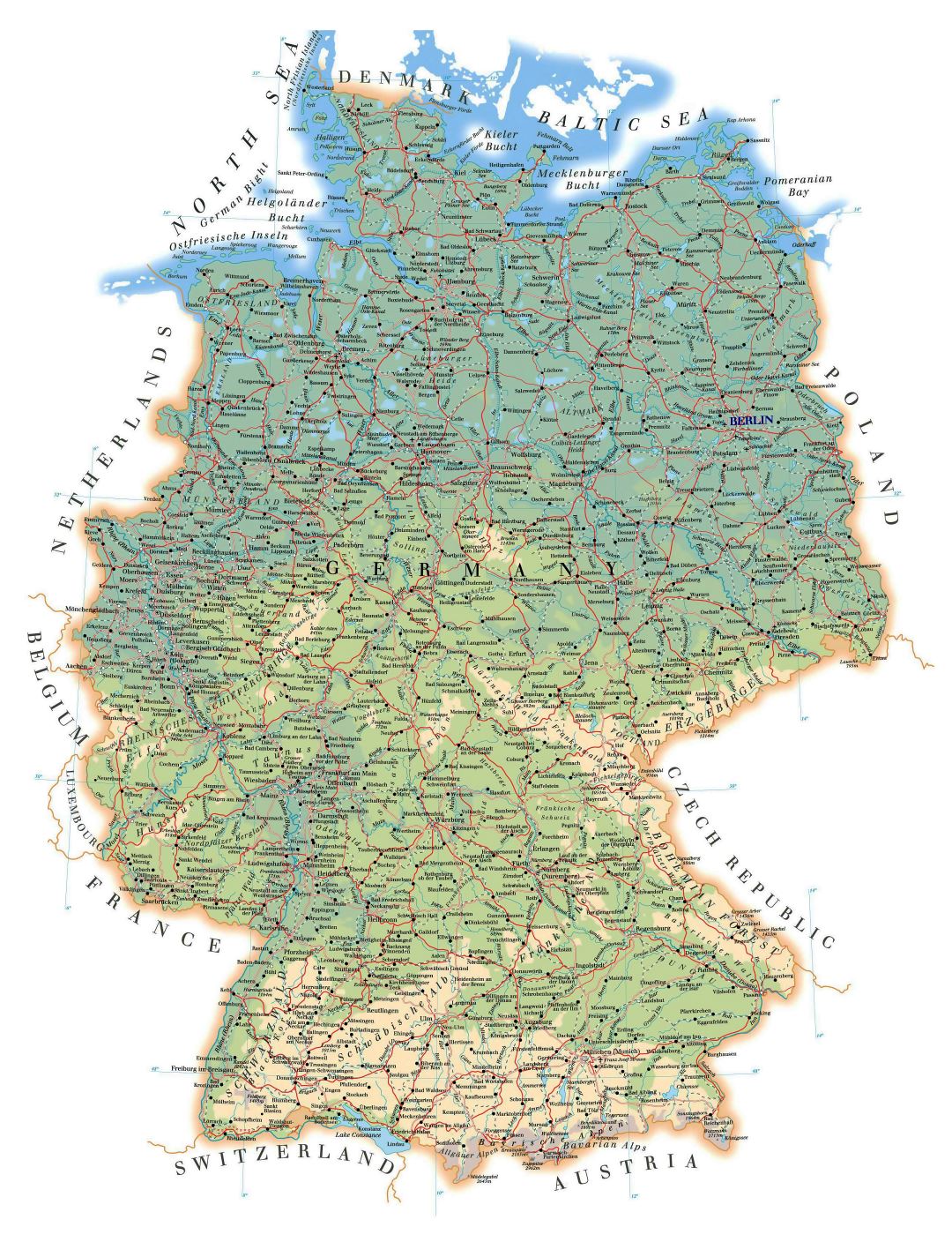 De ruta detallada y el mapa físico de Alemania