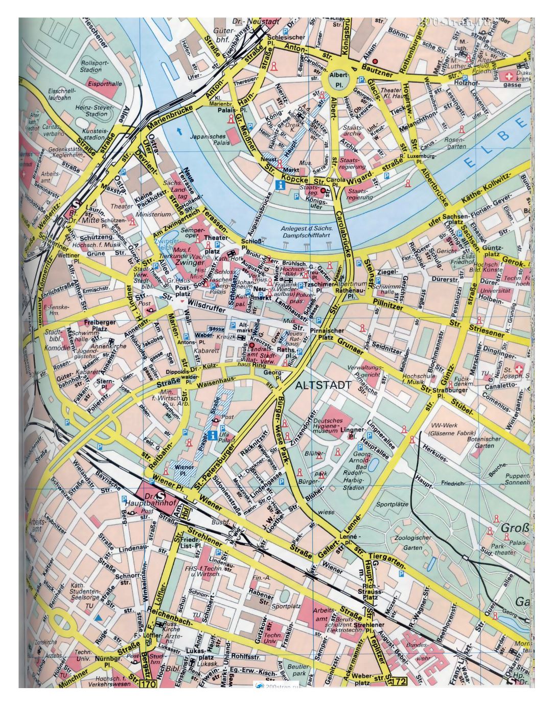 Ampliación de calles detalladas mapa de la parte central de la ciudad de Dresde