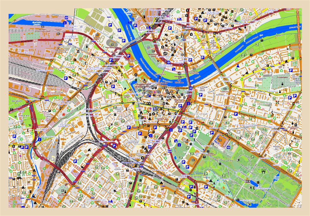 Gran mapa de la ciudad de Dresde con otras marcas