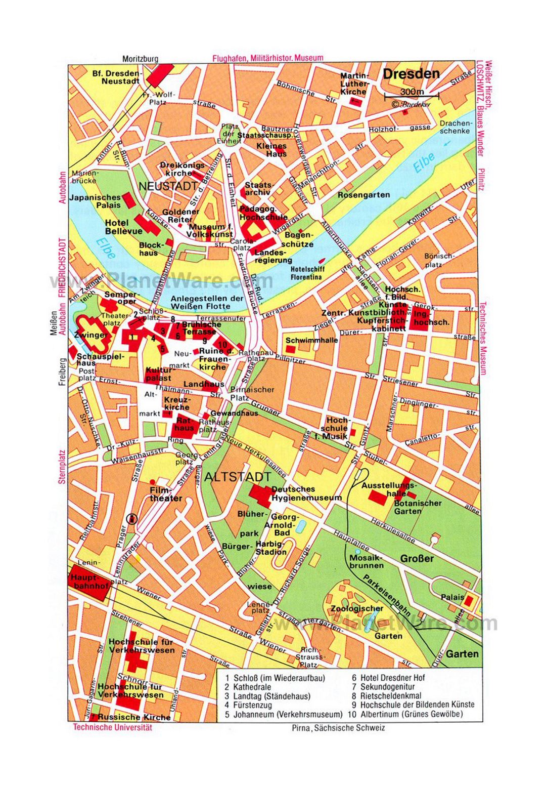 Mapa de la detallada de la parte central de la ciudad de Dresde